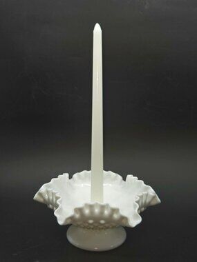 Vintage Fenton Hobnail Milk Glass Candle Holder Ruffled Edge 8" Diameter Elegant